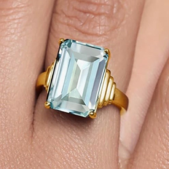 Stunning Large Art Deco 18KT Gold Vermeil Square Aquamarine cocktail ring 8 - Picture 4 of 5